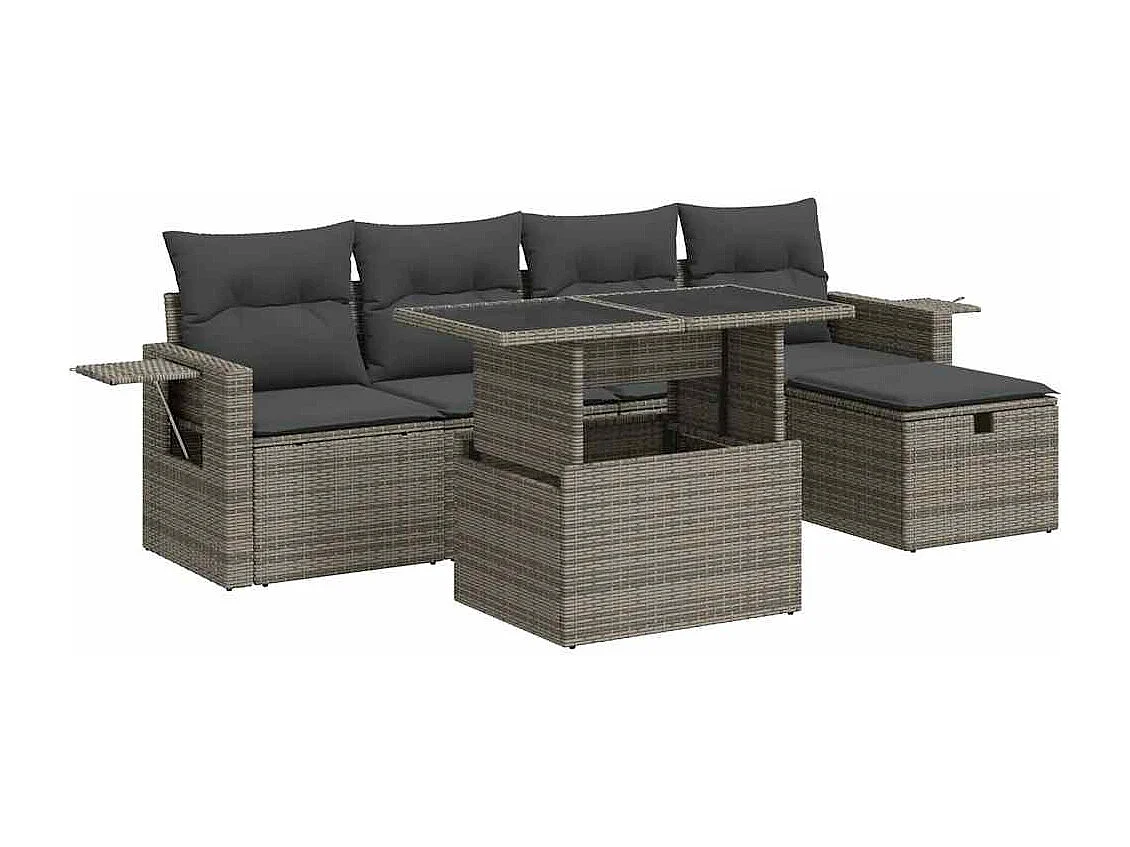 Salon de jardin 6 pcs avec coussins gris résine tressée