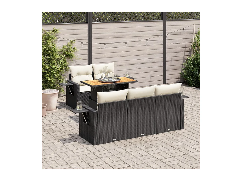 Set di mobili da giardino da 6 pezzi con cuscini neri in resina intrecciata