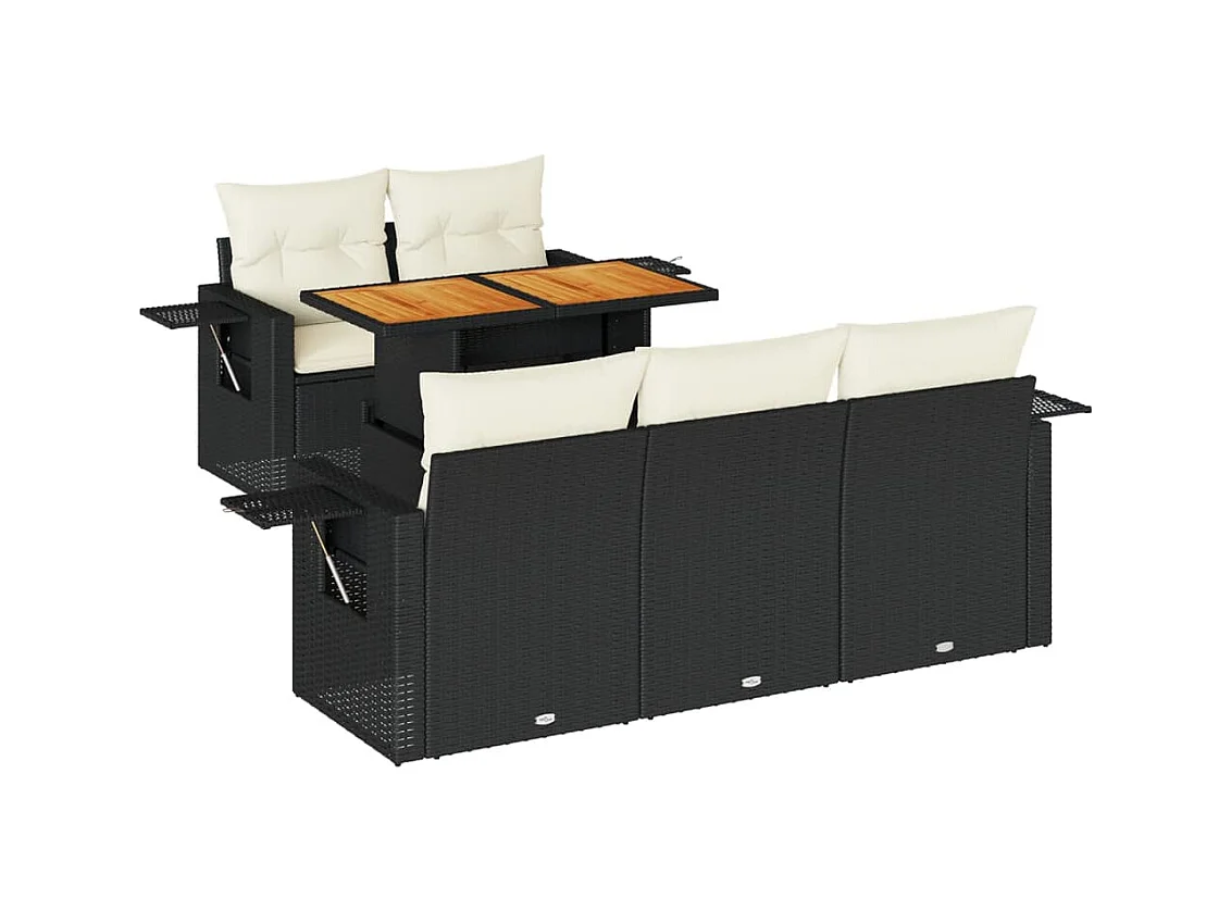 Set di mobili da giardino da 6 pezzi con cuscini neri in resina intrecciata