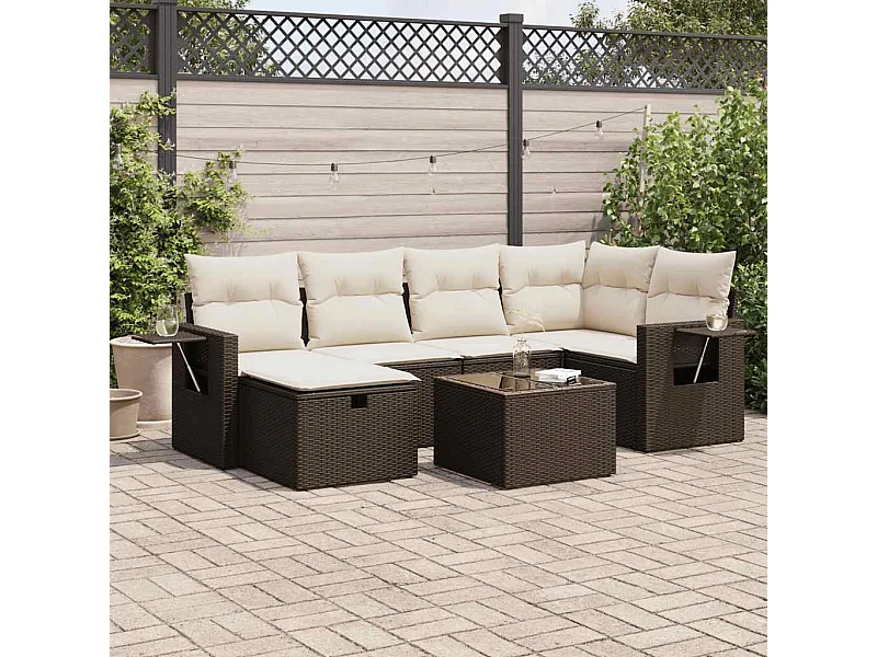Set mobili da giardino con cuscini 7 pz in resina vimini marrone