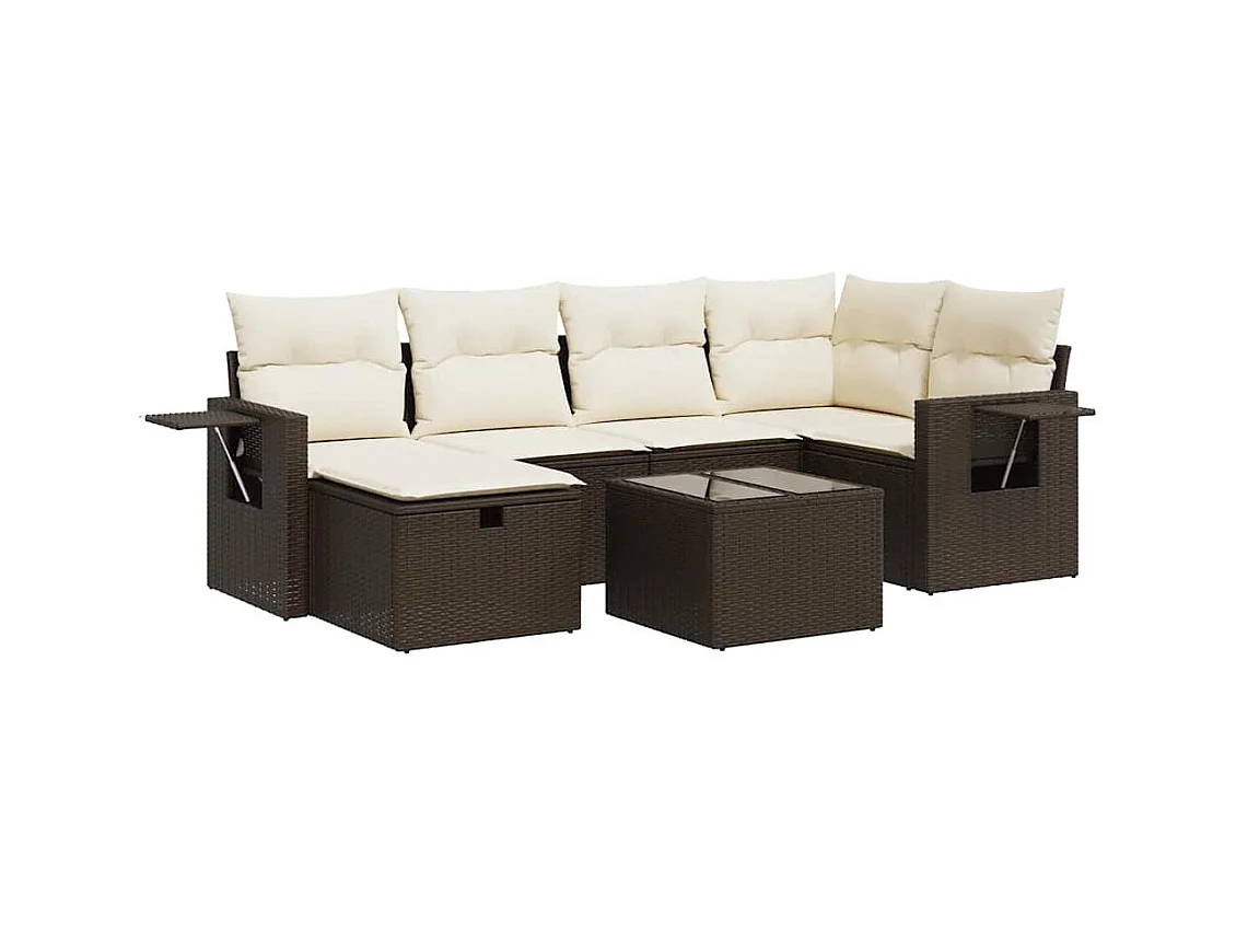 Salon de jardin avec coussins 7 pcs marron résine tressée