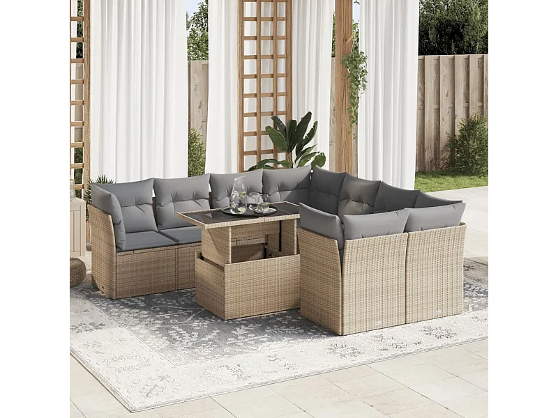 Set mobili da giardino con cuscini 9 pezzi in resina intrecciata beige