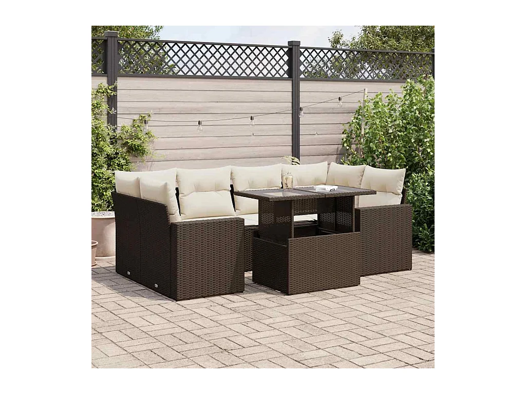 Set mobili da giardino con cuscini 7 pz in resina vimini marrone