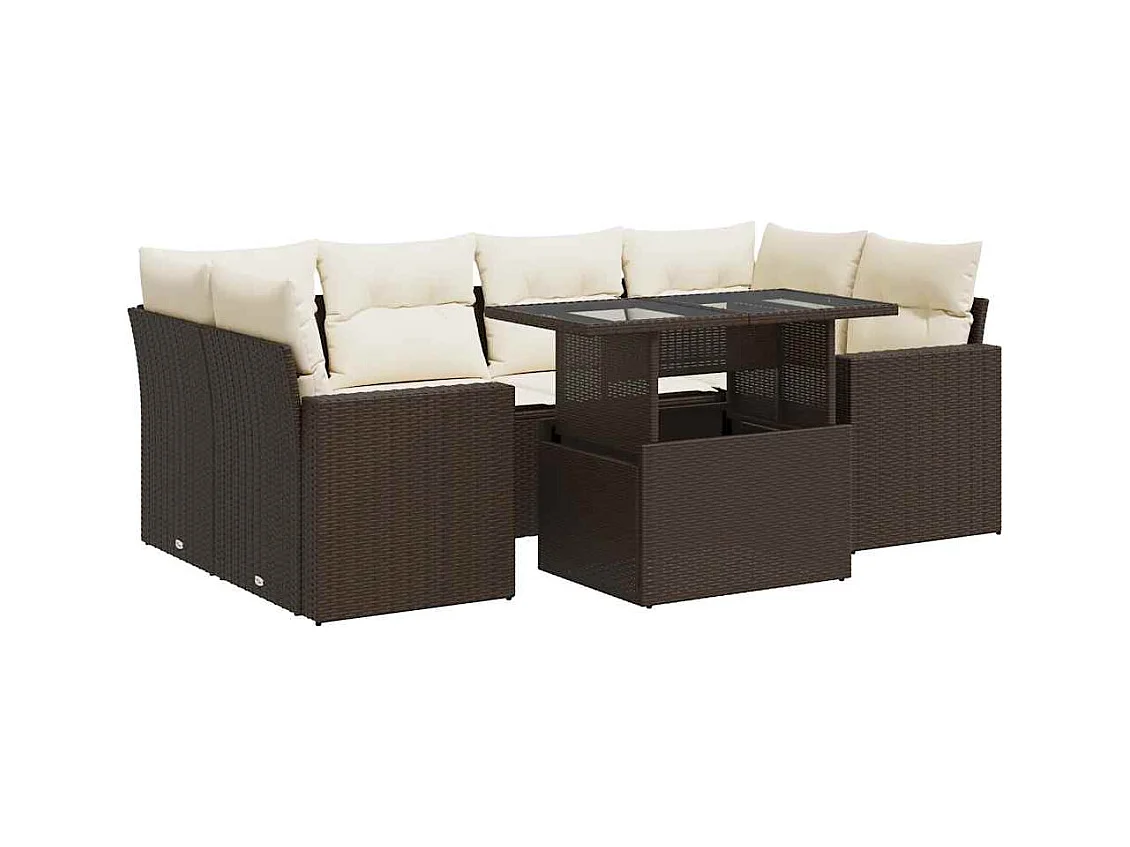 Set mobili da giardino con cuscini 7 pz in resina vimini marrone