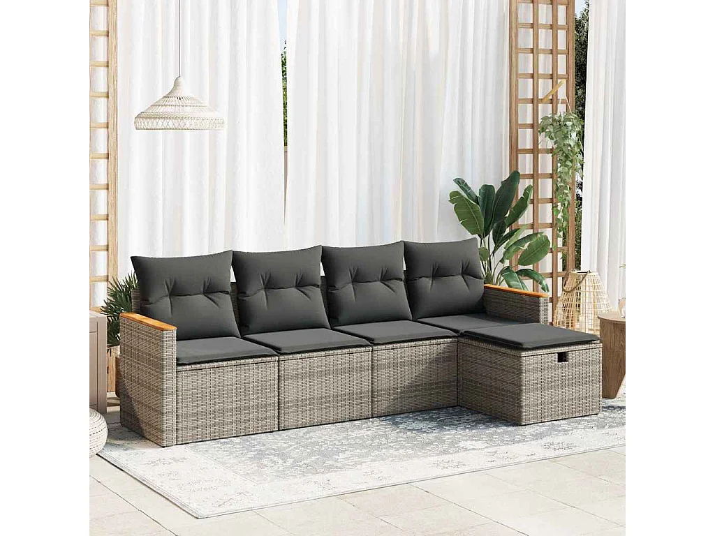 5-teiliges Gartenmöbelset mit grauen Kissen aus gewebtem Harz