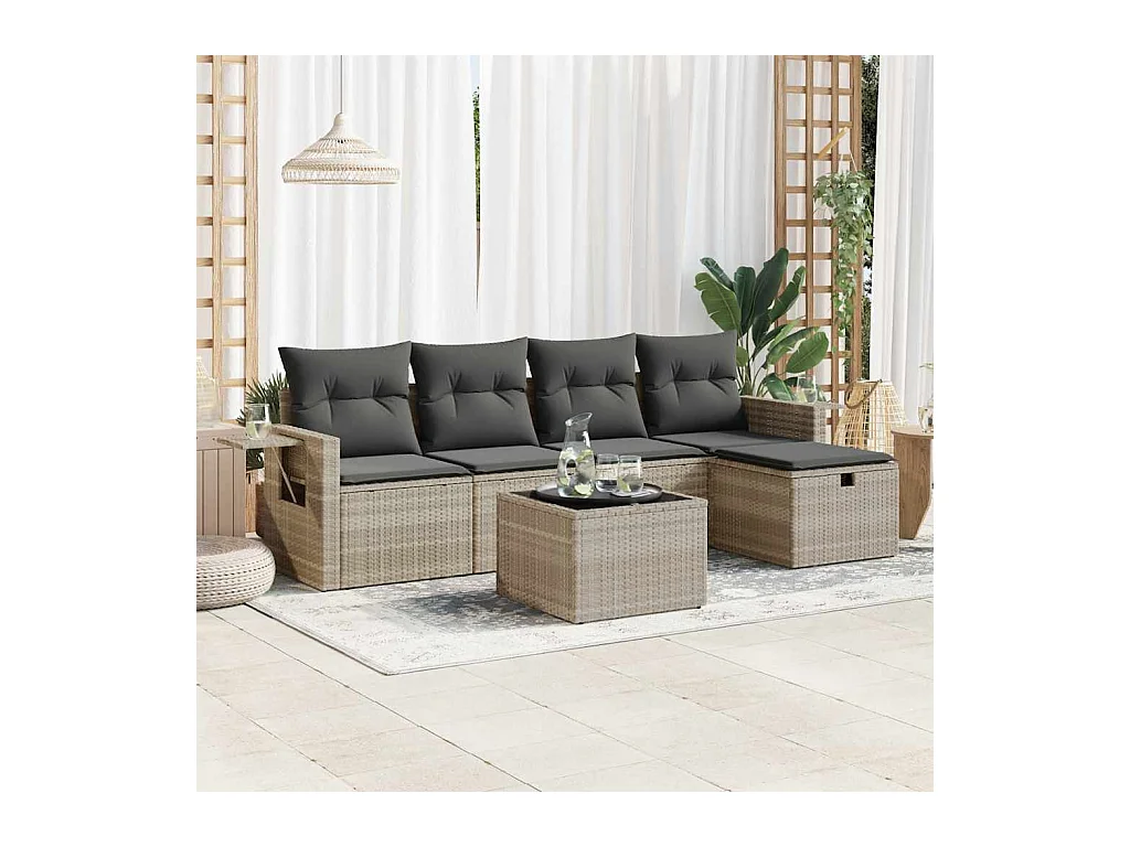 Salon de jardin 6 pcs avec coussins gris clair résine tressée