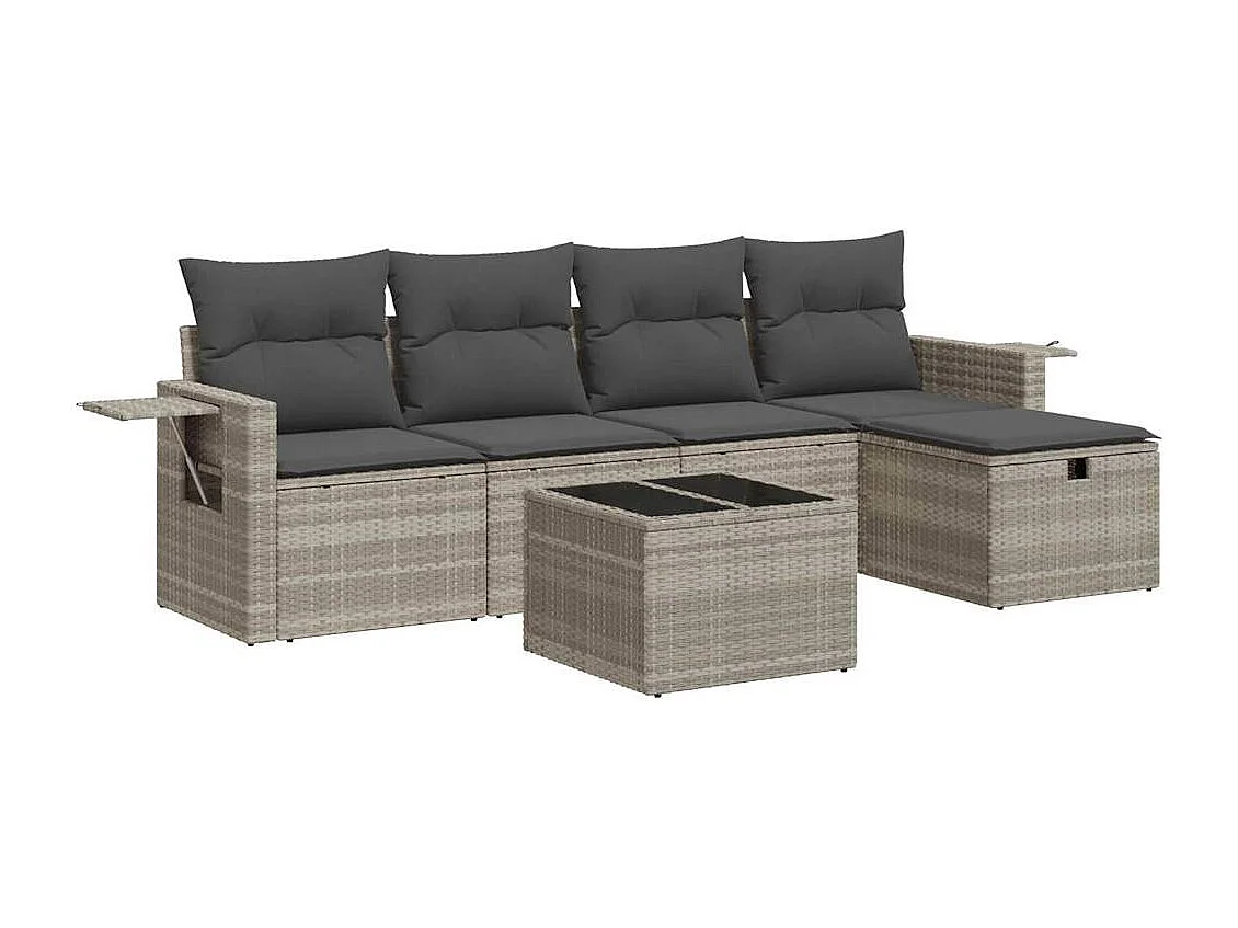 Set di mobili da giardino da 6 pezzi con cuscini grigio chiaro in resina intrecciata