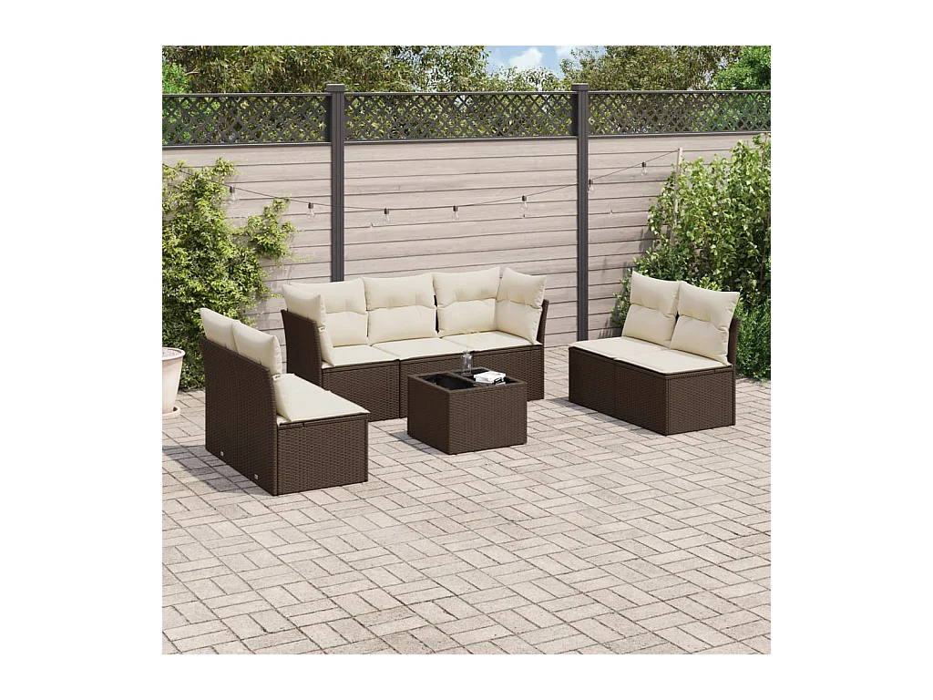 Salon de jardin 8 pcs avec coussins marron résine tressée