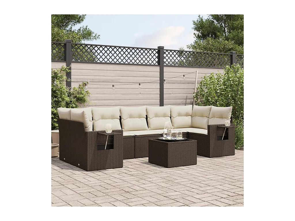 Salon de jardin 8 pcs avec coussins marron résine tressée