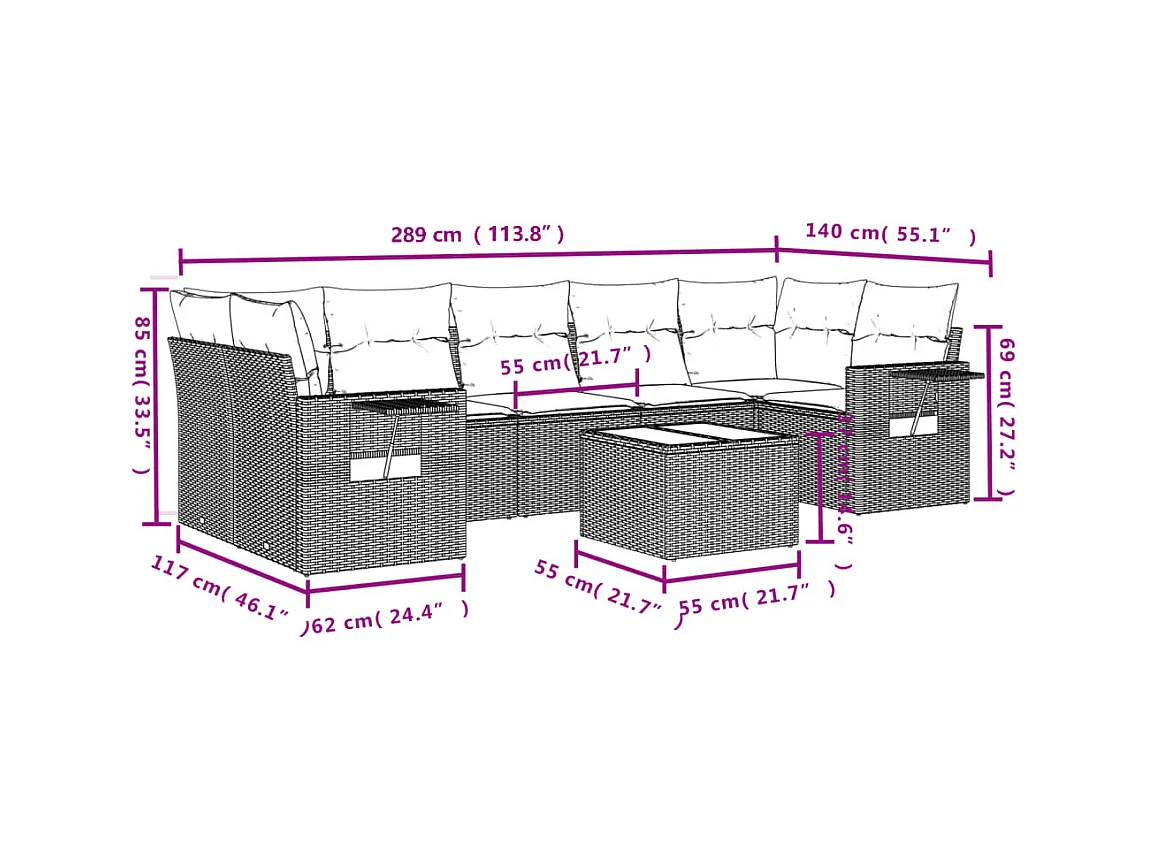 Salon de jardin 8 pcs avec coussins marron résine tressée