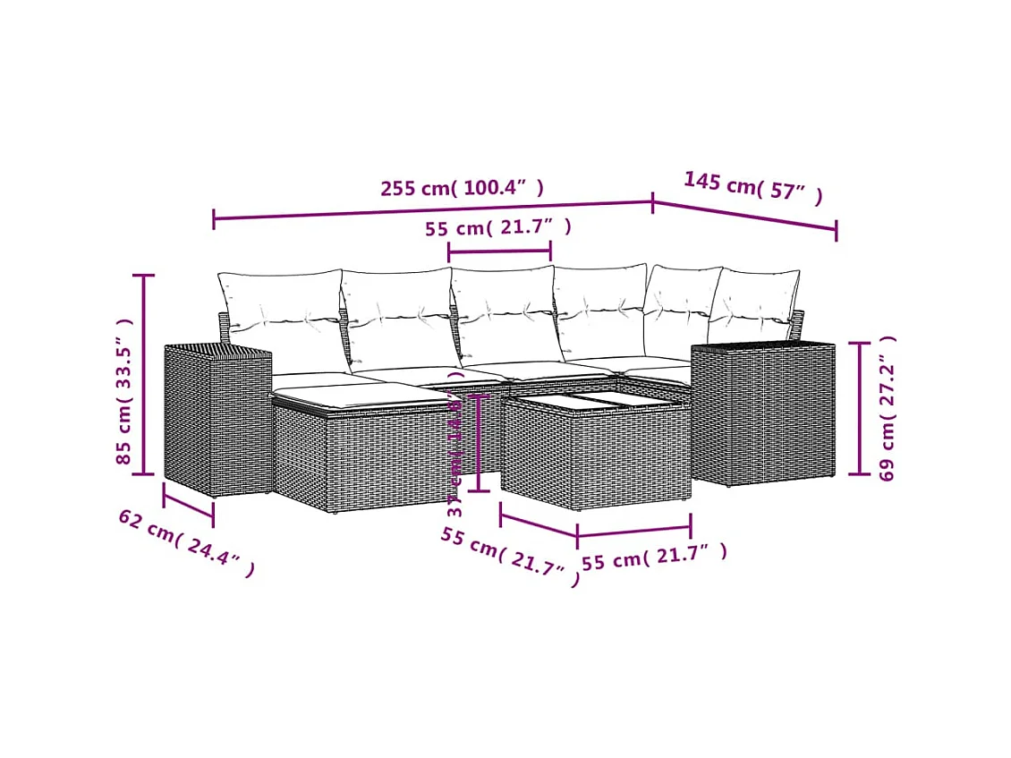 Set mobili da giardino con cuscini 7 pz in resina vimini marrone