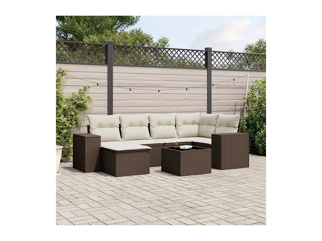 Salon de jardin avec coussins 7 pcs marron résine tressée