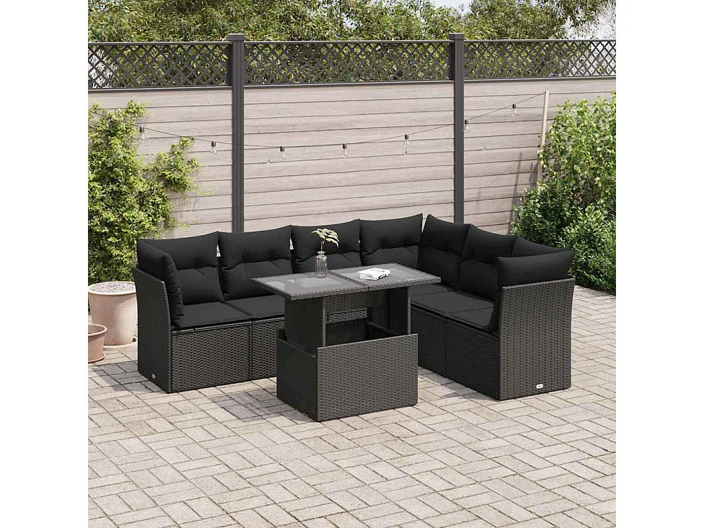 7-teiliges Gartenmöbelset mit schwarzen Kissen aus gewebtem Harz