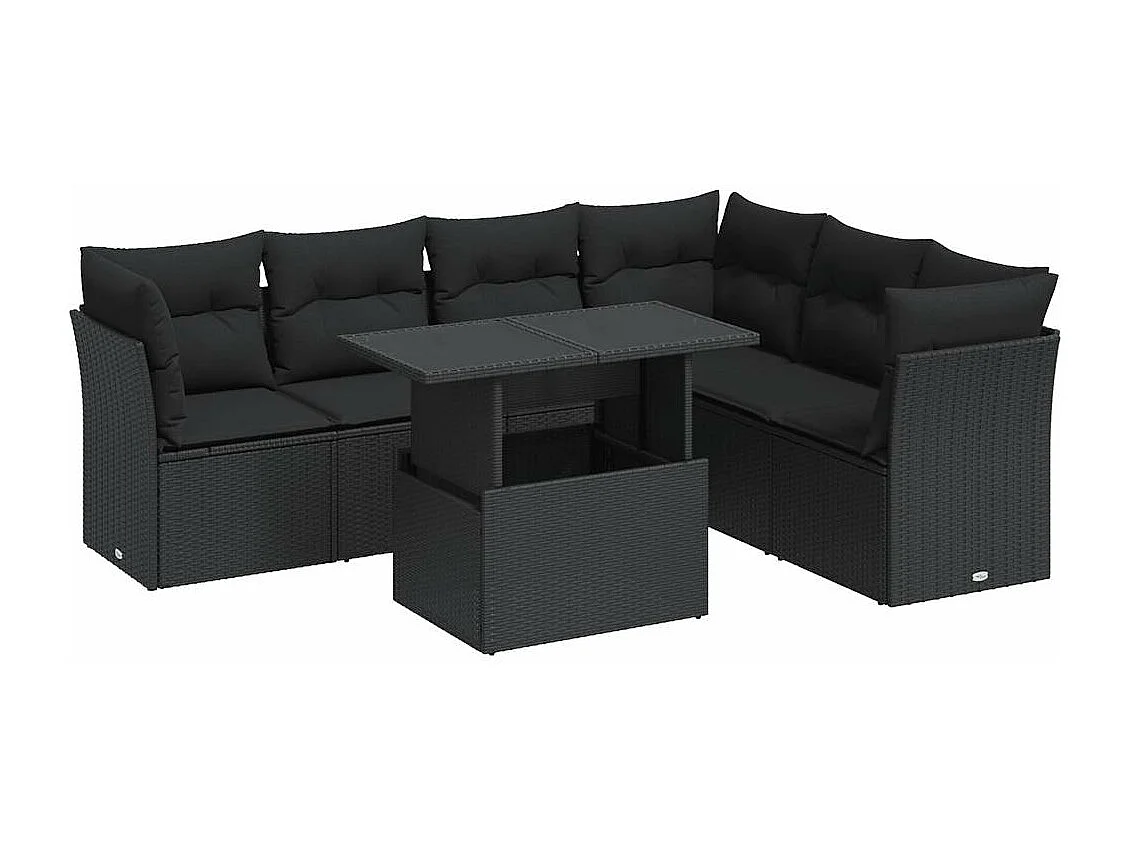 7-teiliges Gartenmöbelset mit schwarzen Kissen aus gewebtem Harz