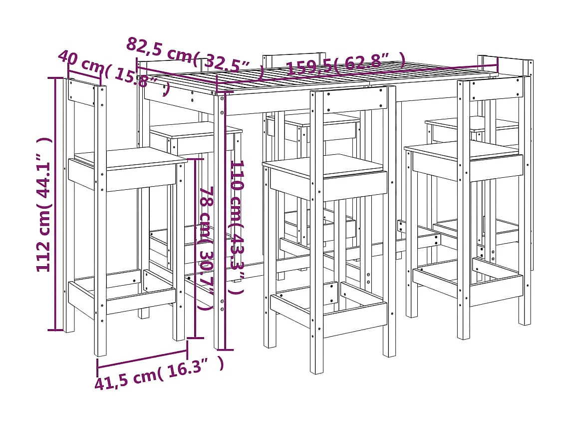 7-teiliges Gartenbar-Set aus massivem Kiefernholz