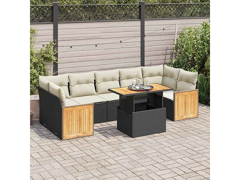 Set mobili da giardino con cuscini 8 pz resina nera vimini acacia