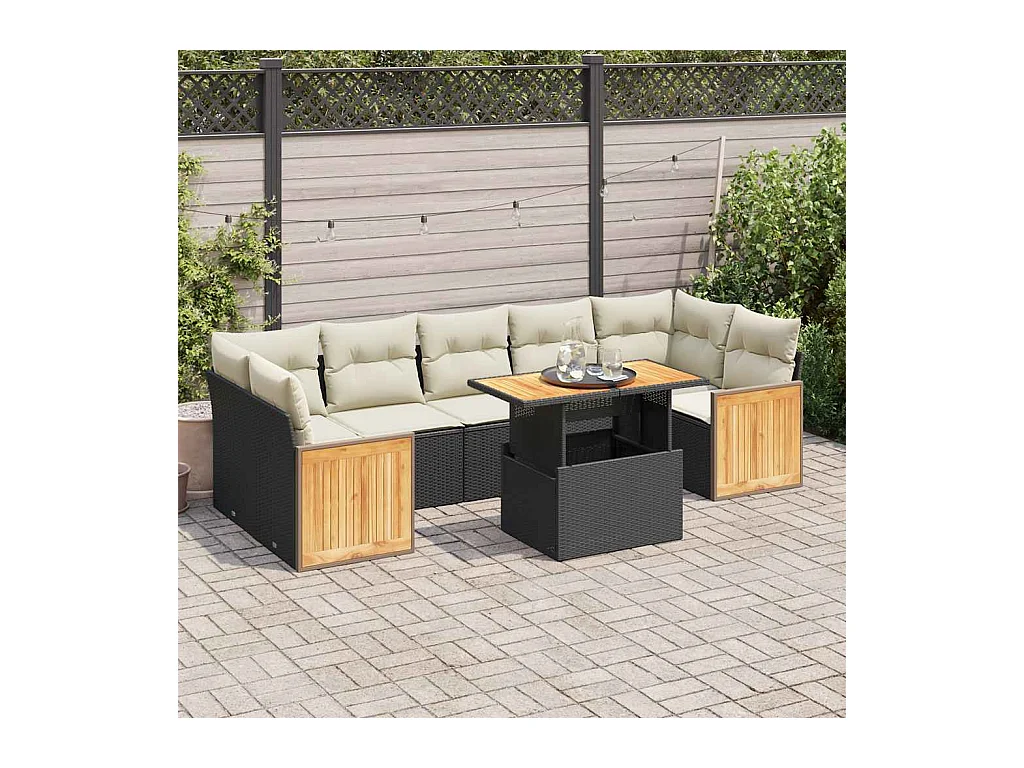 Conjunto de móveis de jardim com almofadas 8 peças vime de resina preta acácia