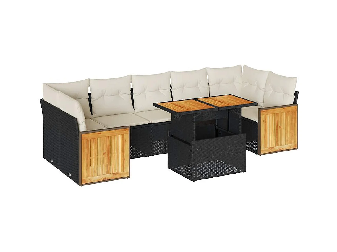 Conjunto de móveis de jardim com almofadas 8 peças vime de resina preta acácia