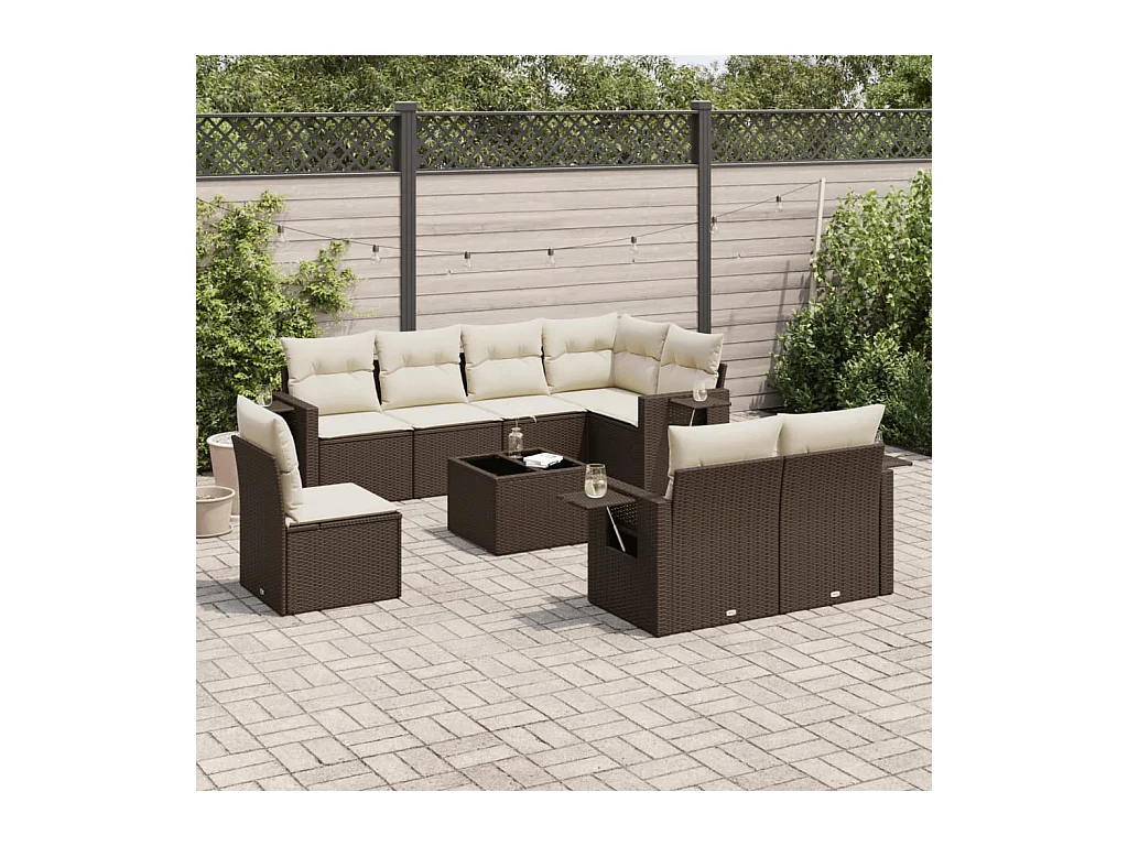 Salon de jardin avec coussins 9 pcs marron résine tressée
