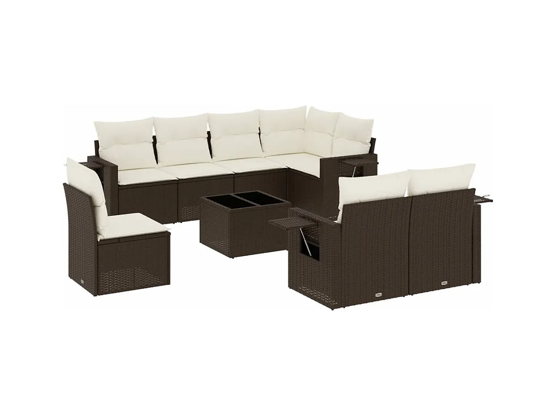 Salon de jardin avec coussins 9 pcs marron résine tressée