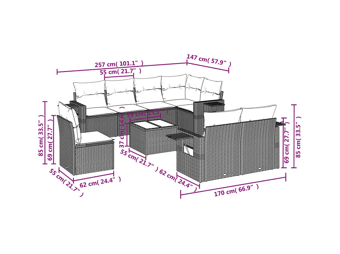 Salon de jardin avec coussins 9 pcs marron résine tressée