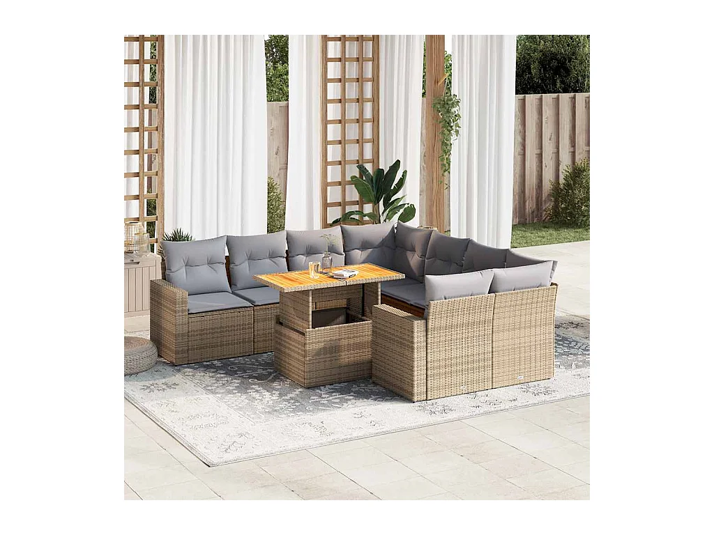 Set mobili da giardino con cuscini 9 pezzi in resina intrecciata beige