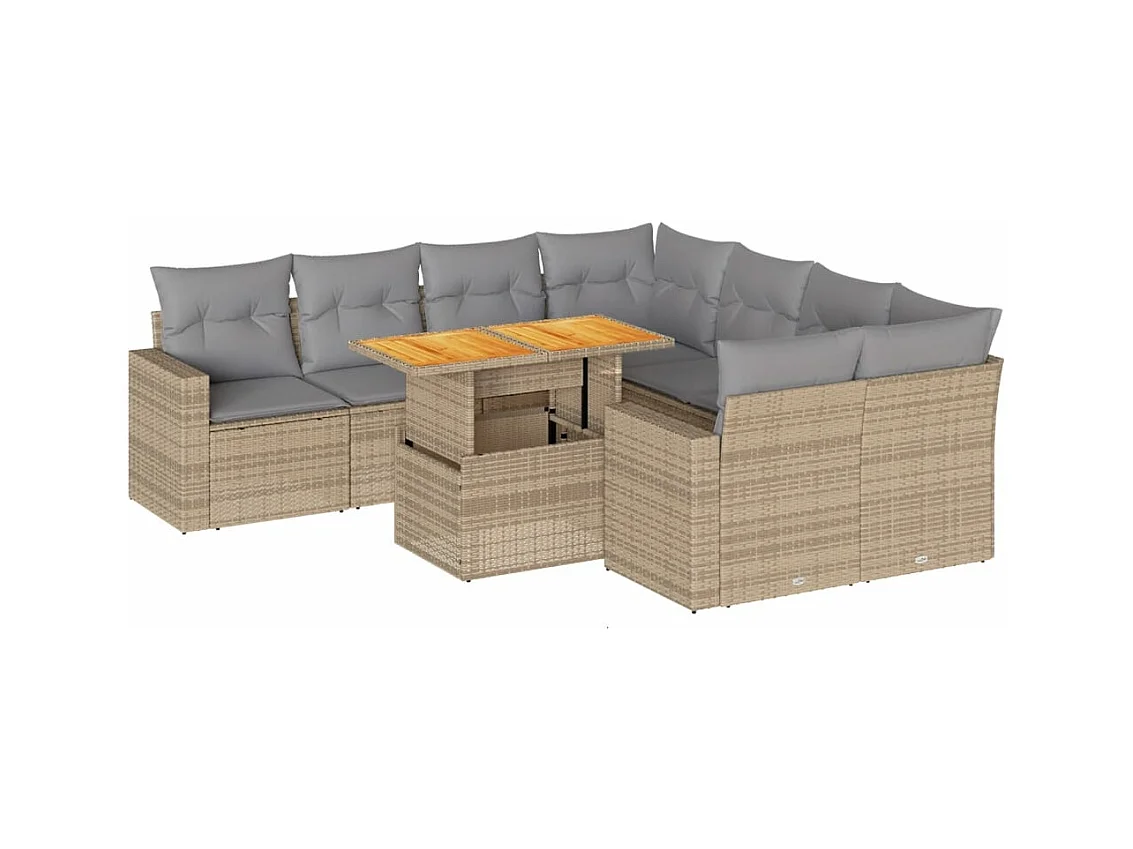Set mobili da giardino con cuscini 9 pezzi in resina intrecciata beige
