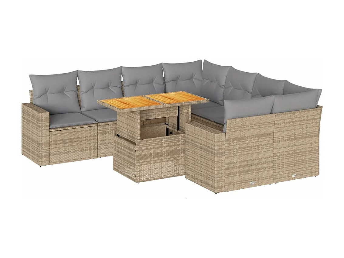 Set mobili da giardino con cuscini 9 pezzi in resina intrecciata beige