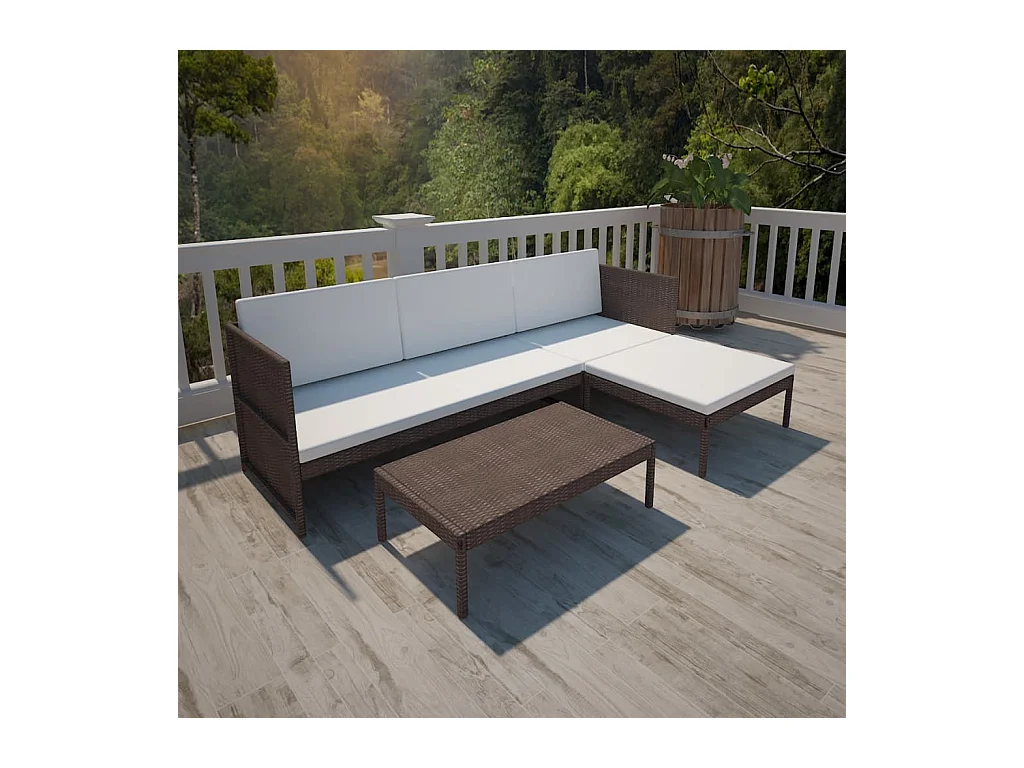 Set di mobili da giardino 3 pezzi con cuscini, resina intrecciata, marrone