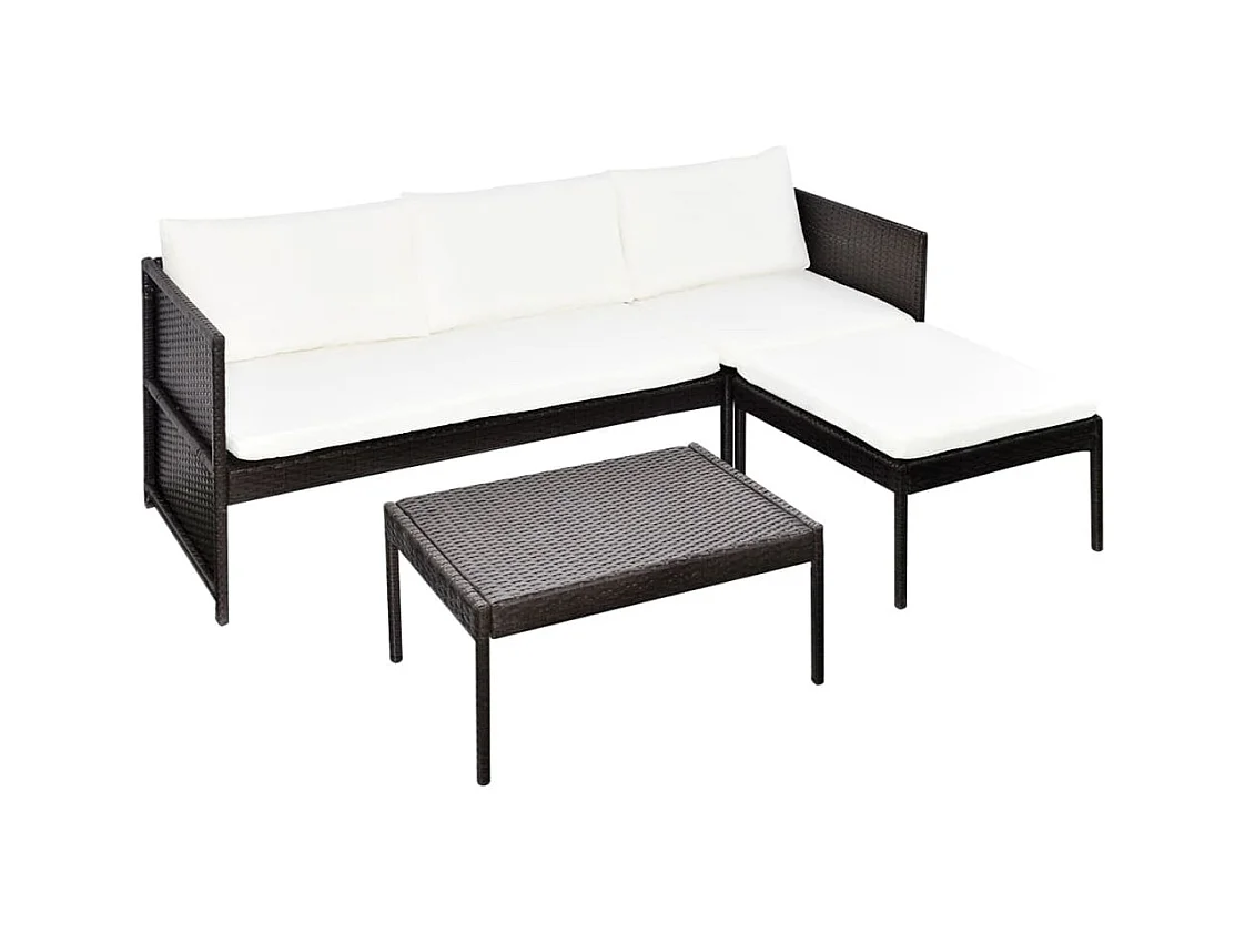 Set di mobili da giardino 3 pezzi con cuscini, resina intrecciata, marrone