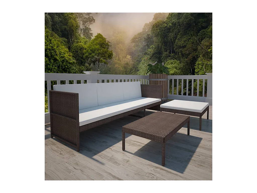 Set di mobili da giardino 3 pezzi con cuscini, resina intrecciata, marrone