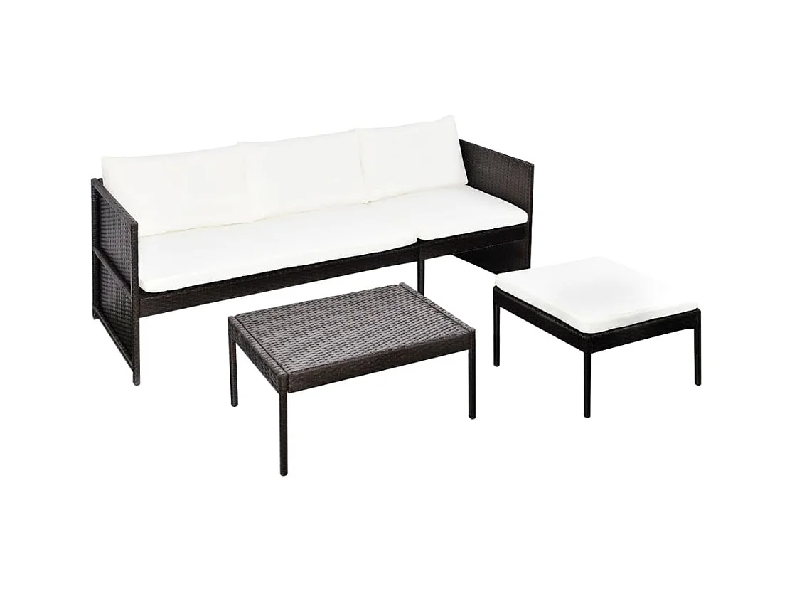 Set di mobili da giardino 3 pezzi con cuscini, resina intrecciata, marrone