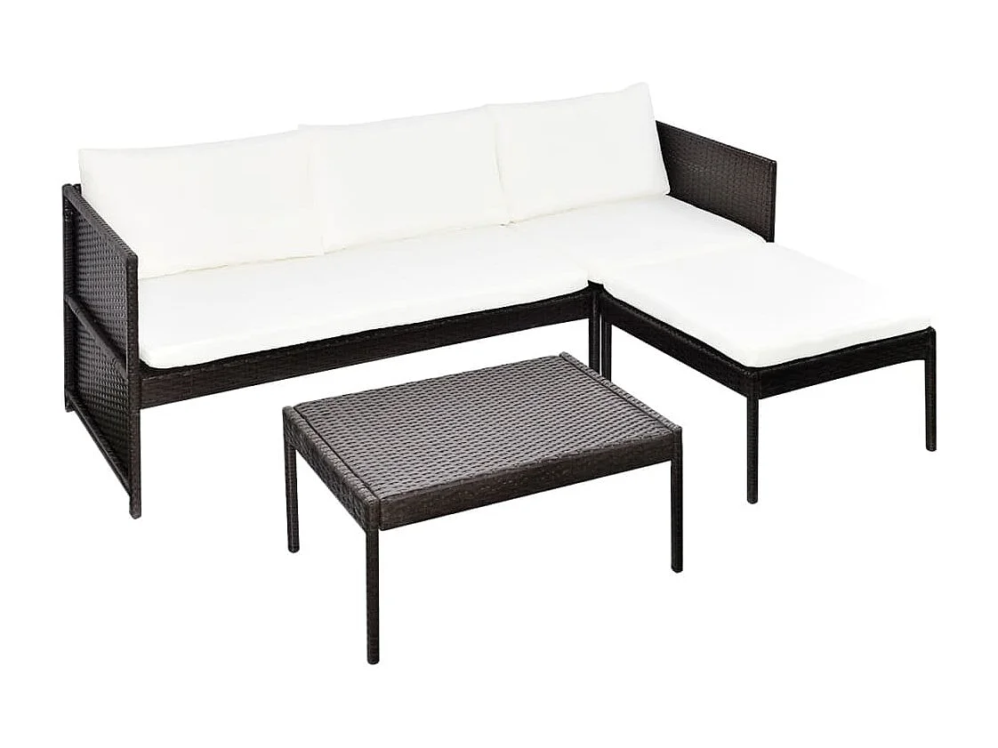 Set di mobili da giardino 3 pezzi con cuscini, resina intrecciata, marrone