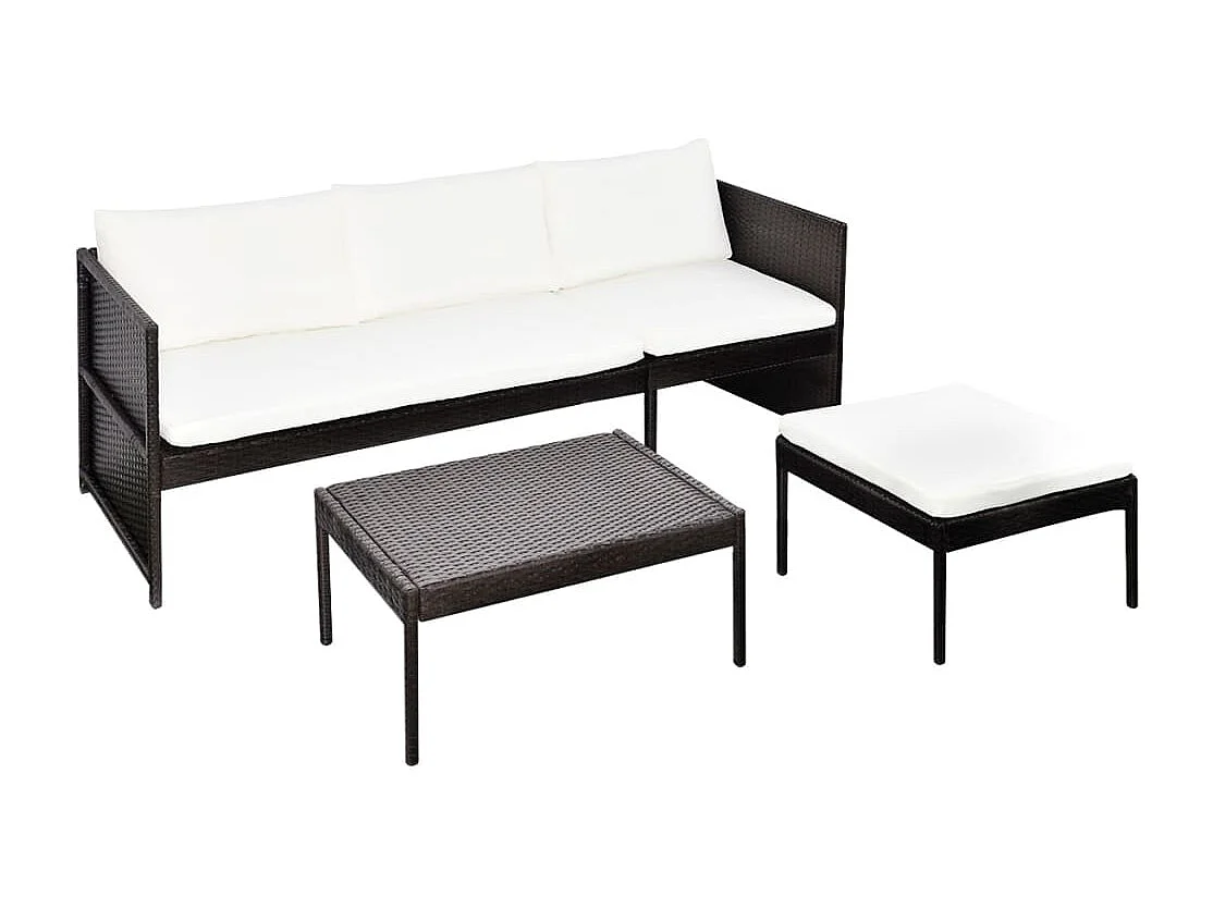 Set di mobili da giardino 3 pezzi con cuscini, resina intrecciata, marrone