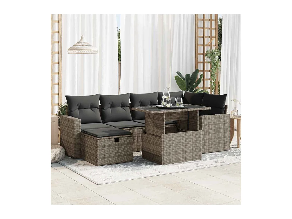 Salon de jardin avec coussins 7 pcs gris résine tressée