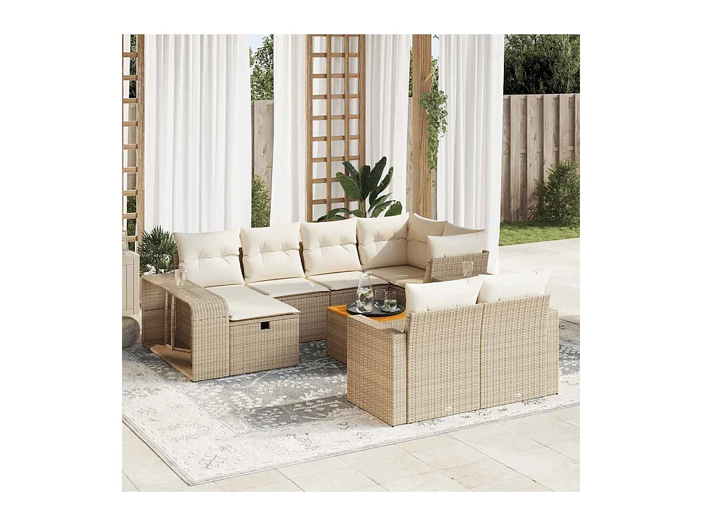11-teiliges Gartenmöbel-Set mit beigen Kissen aus Kunstharzgeflecht