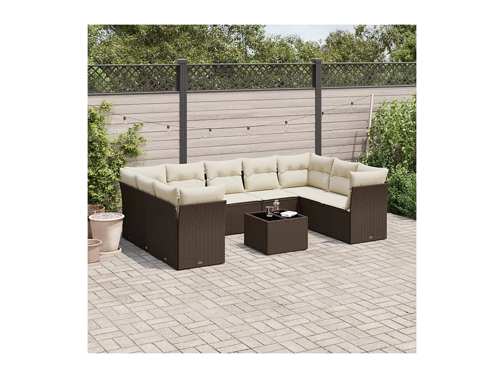 Salon de jardin 10 pcs avec coussins marron résine tressée