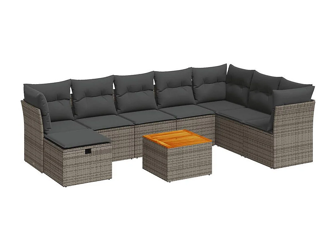 Salon de jardin 9 pcs avec coussins gris résine tressée