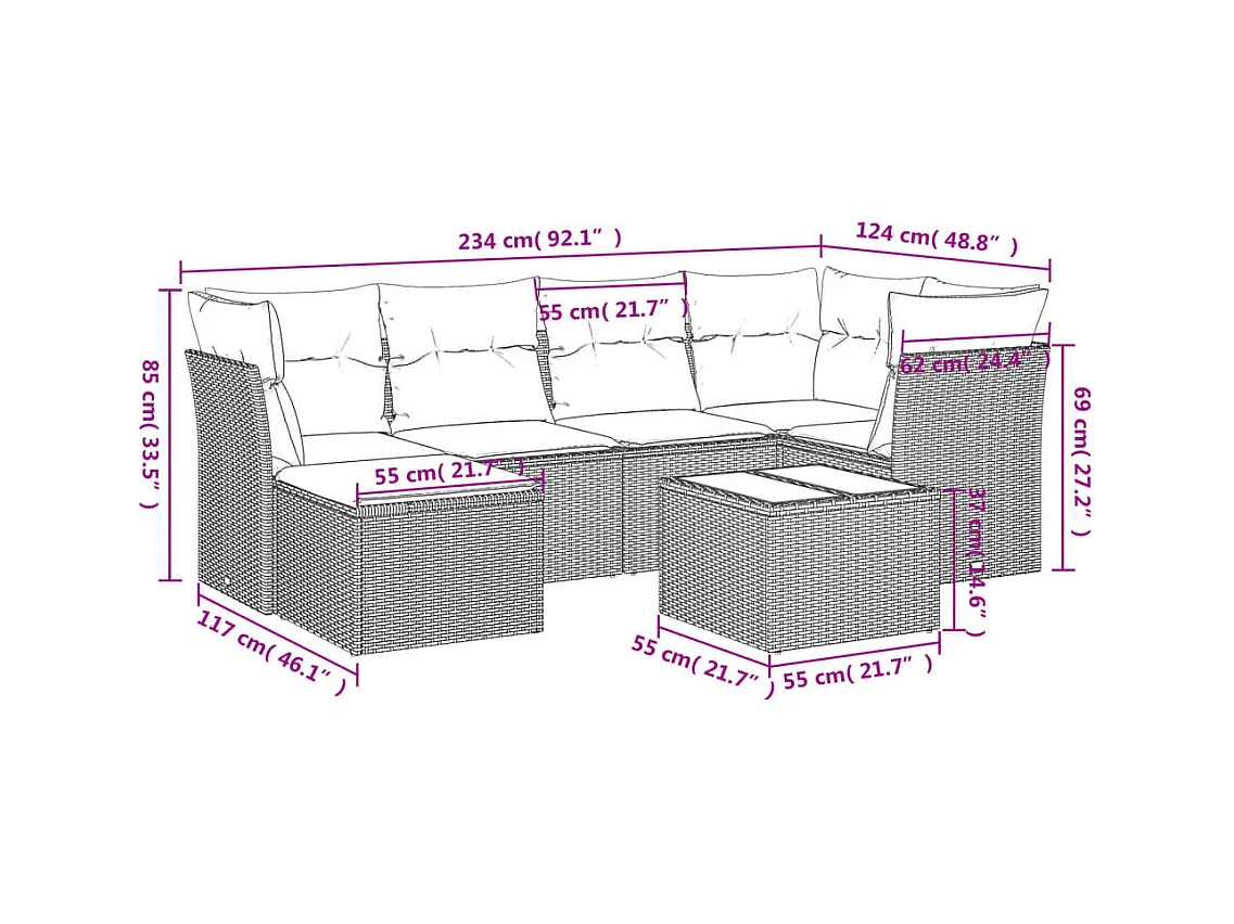 Conjunto de móveis de jardim com almofadas 7 peças resina de vime marrom