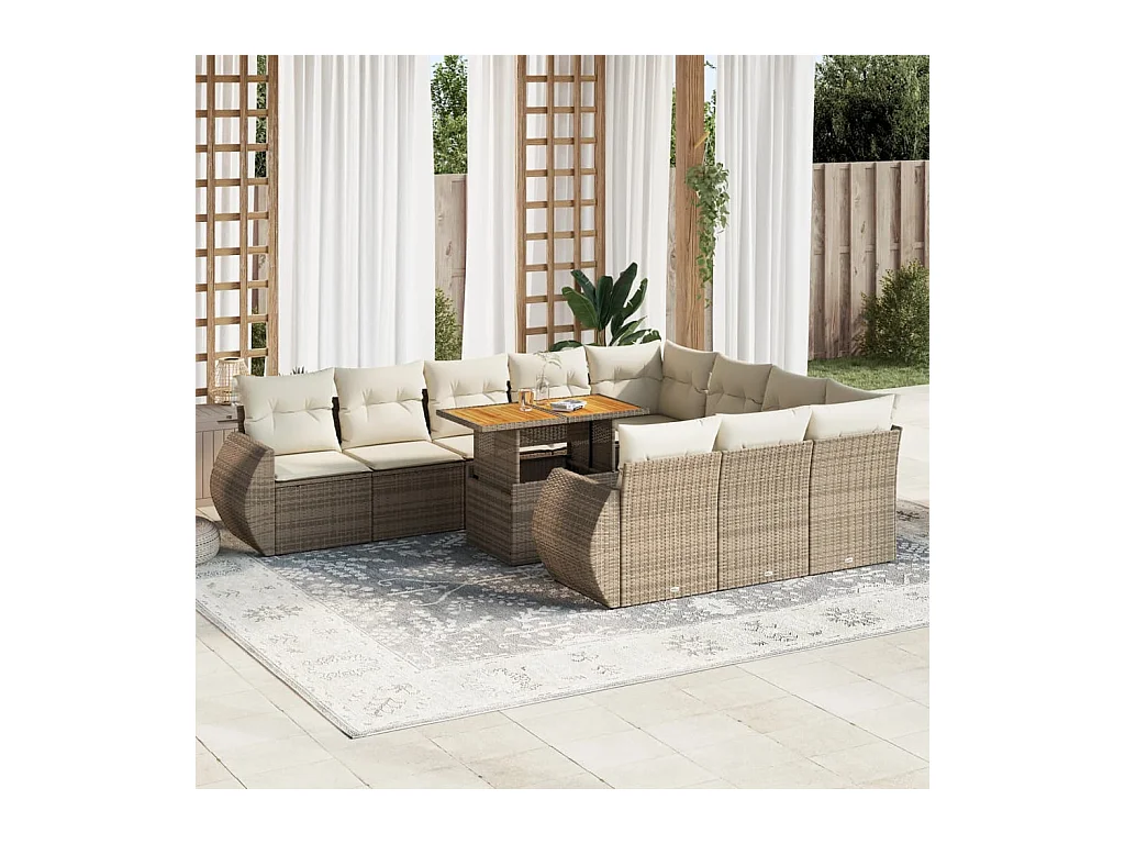 Set di mobili da giardino da 11 pezzi con cuscini in vimini di resina beige