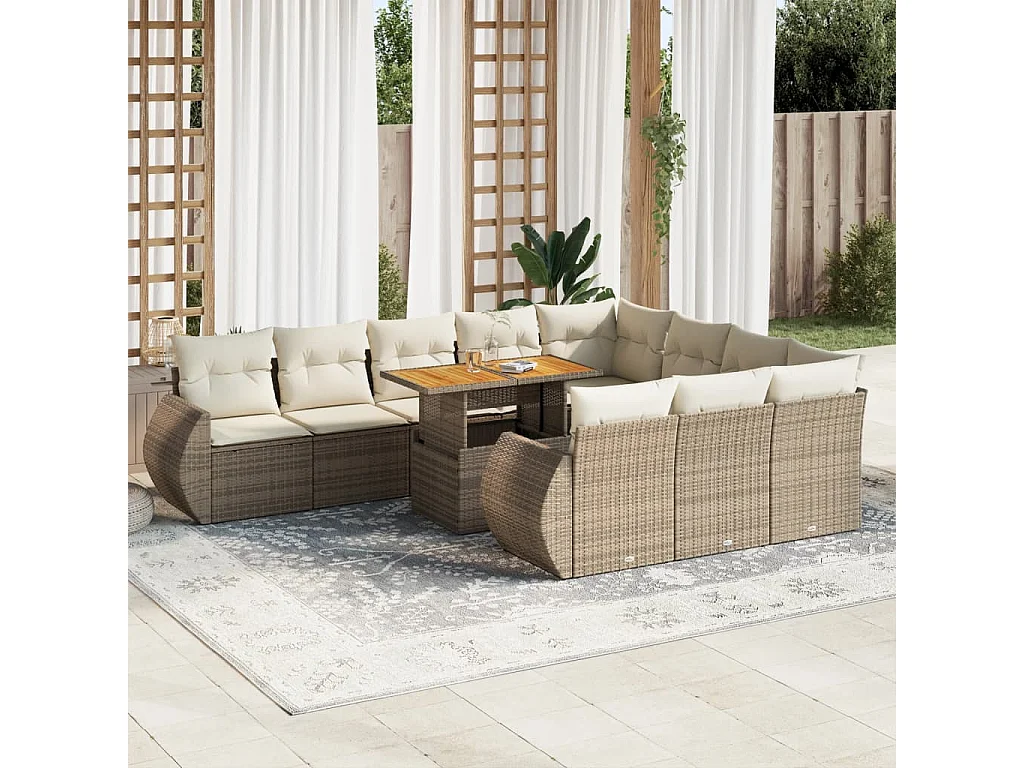 Salon de jardin 11 pcs avec coussins beige résine tressée