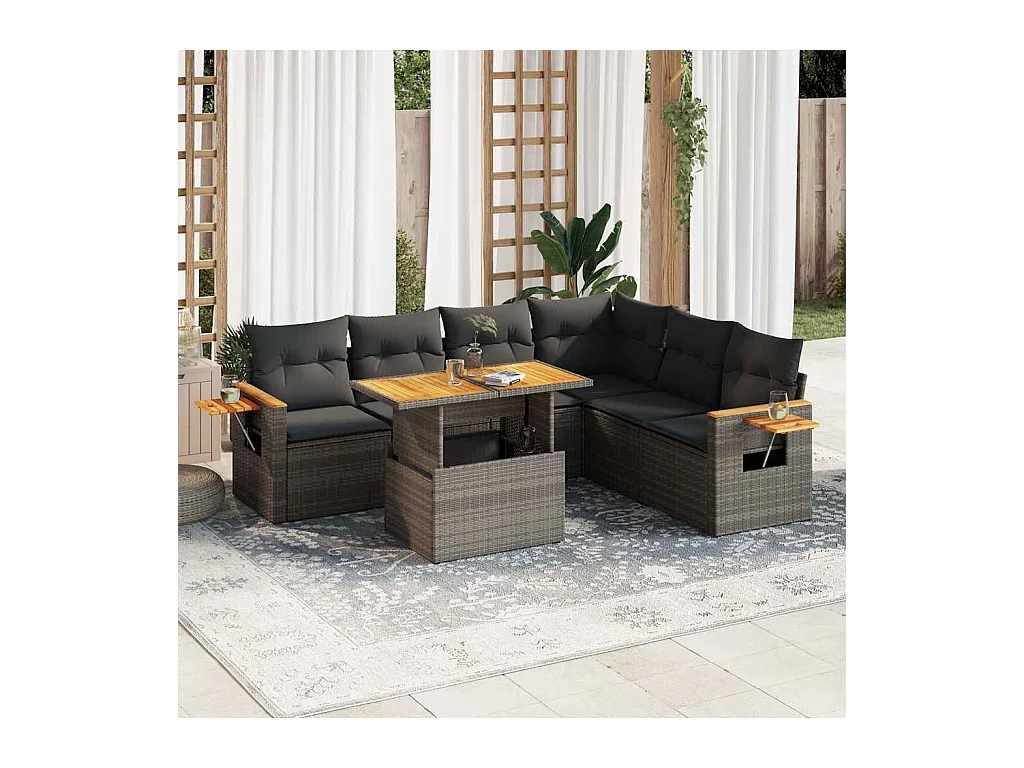 Conjunto de móveis de jardim com almofadas 7 peças cinza resina vime acácia