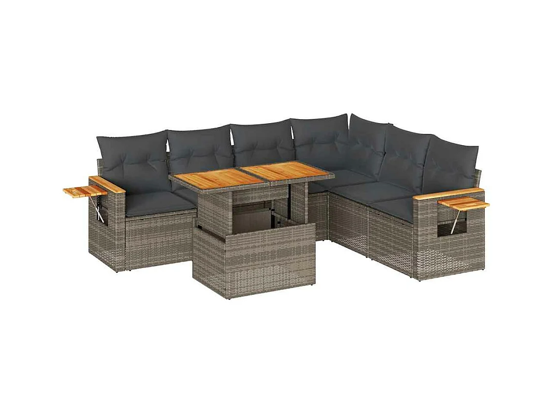 Conjunto de móveis de jardim com almofadas 7 peças cinza resina vime acácia