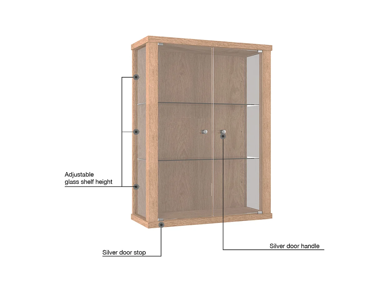 Wandvitrine met 2 deuren & 2 in hoogte verstelbare glasplanken - 80x60x25 cm - Natuurlijke kleur