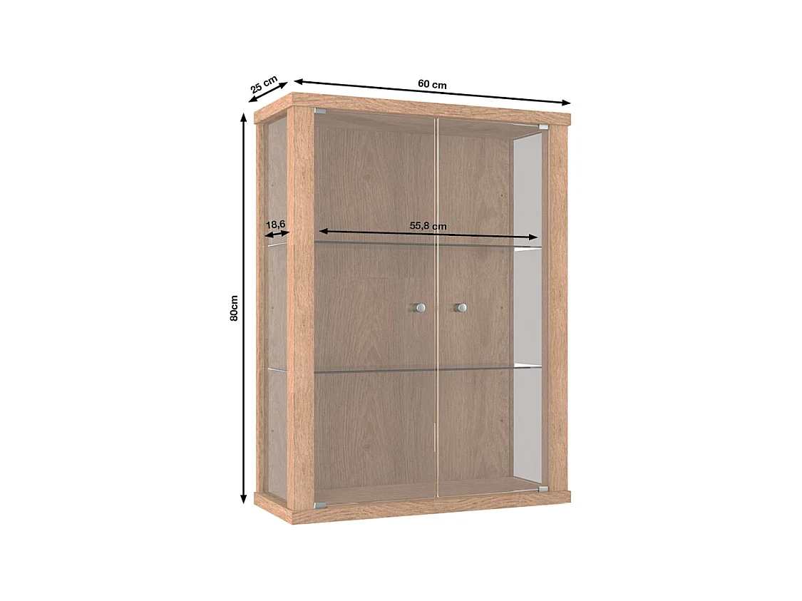 Wandvitrine met 2 deuren & 2 in hoogte verstelbare glasplanken - 80x60x25 cm - Natuurlijke kleur