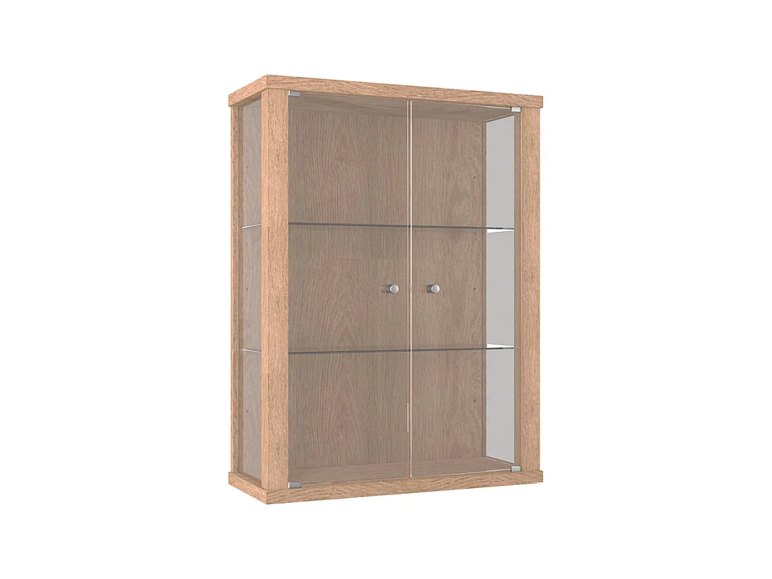 Vitrine suspendue avec 2 portes & 2 étagères en verre réglables en hauteur - 80x60x25 cm - Naturel