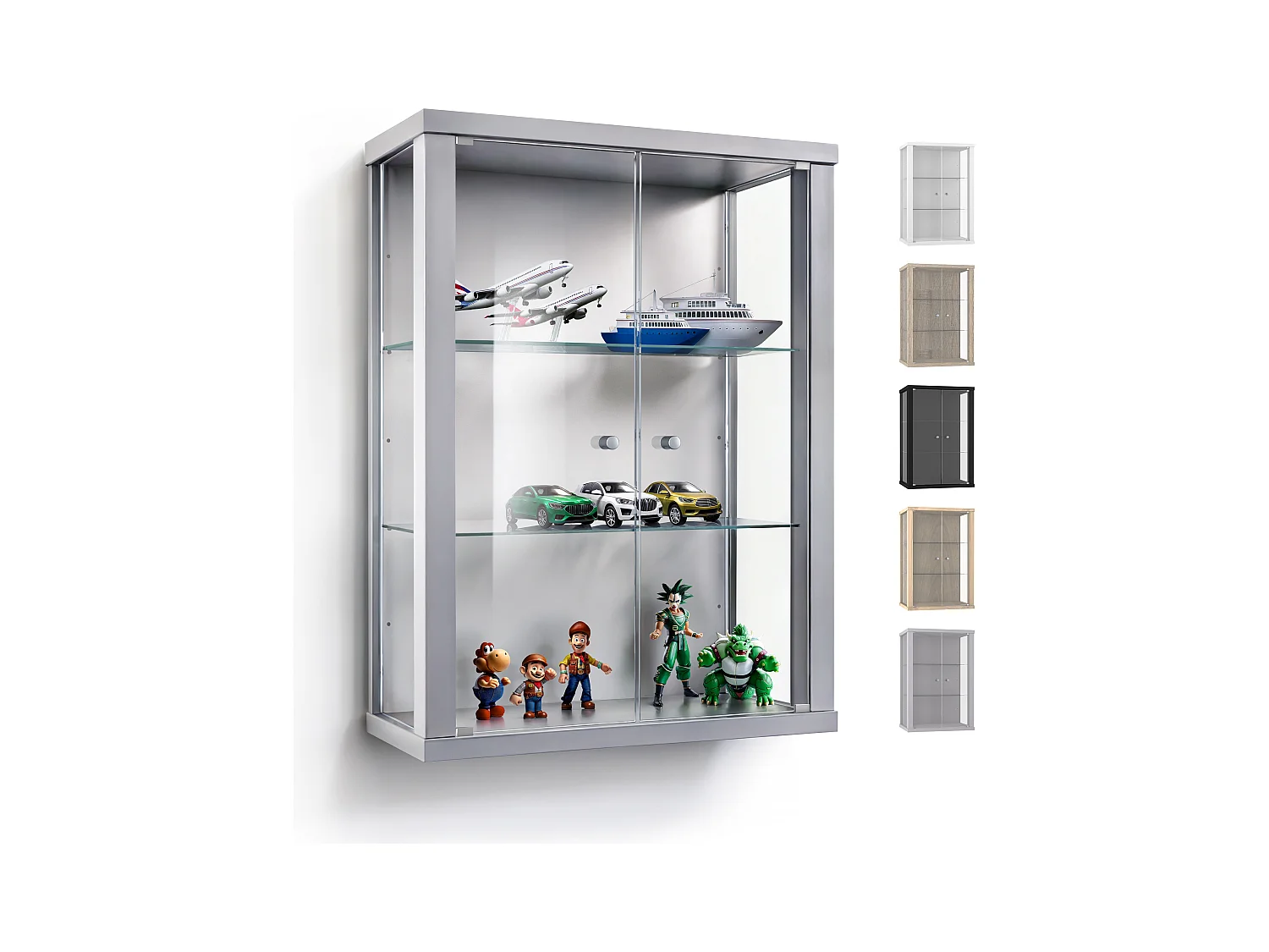 Hängevitrine mit 2 Türen & 2 Höhenverstellbaren Glasböden - 80x60x25 cm - Silberfarben