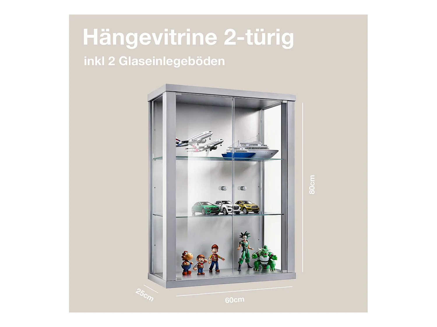 Hängevitrine mit 2 Türen & 2 Höhenverstellbaren Glasböden - 80x60x25 cm - Silberfarben
