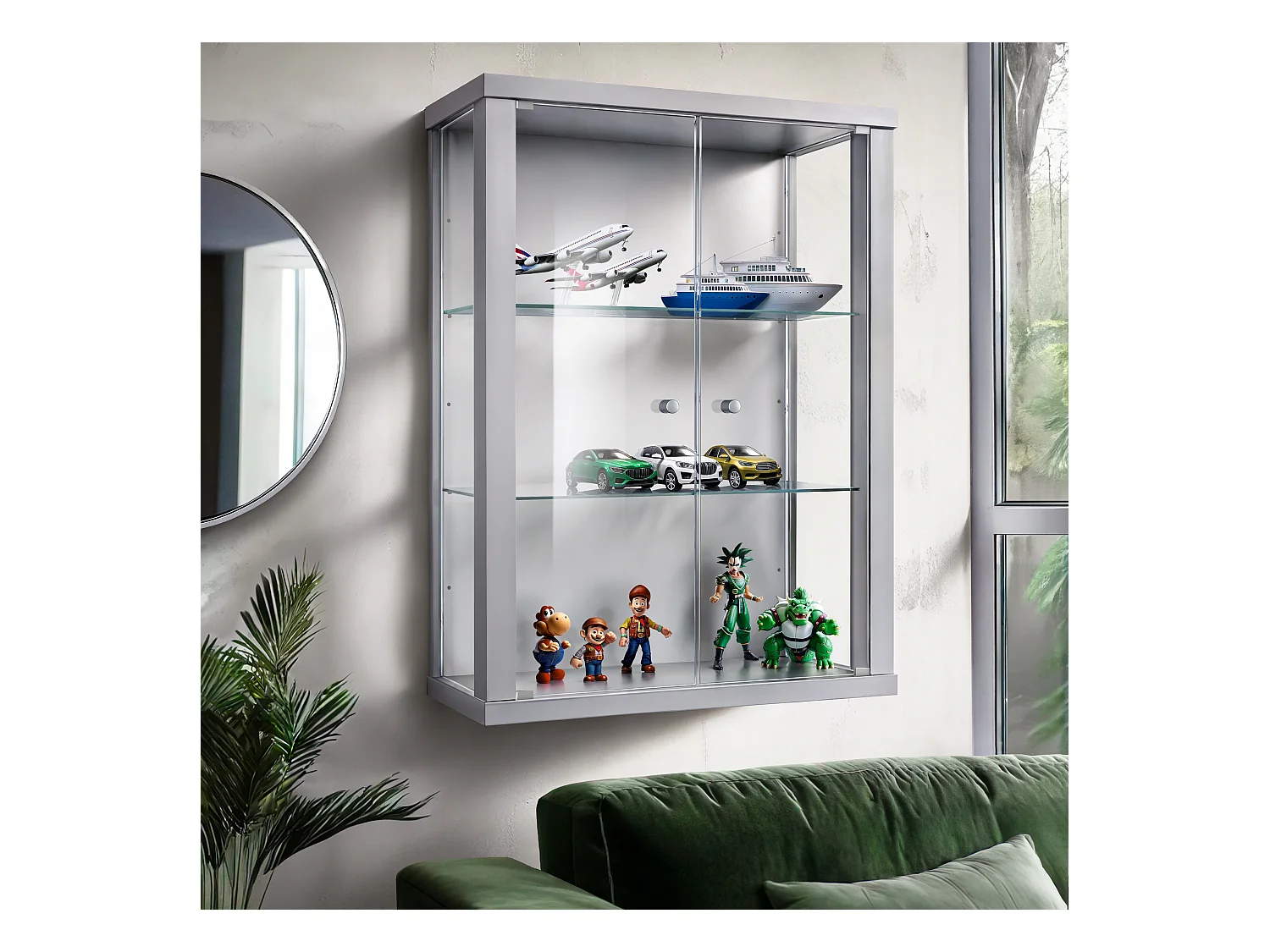 Vitrine suspendue avec 2 portes & 2 étagères en verre réglables en hauteur - 80x60x25 cm - Argenté