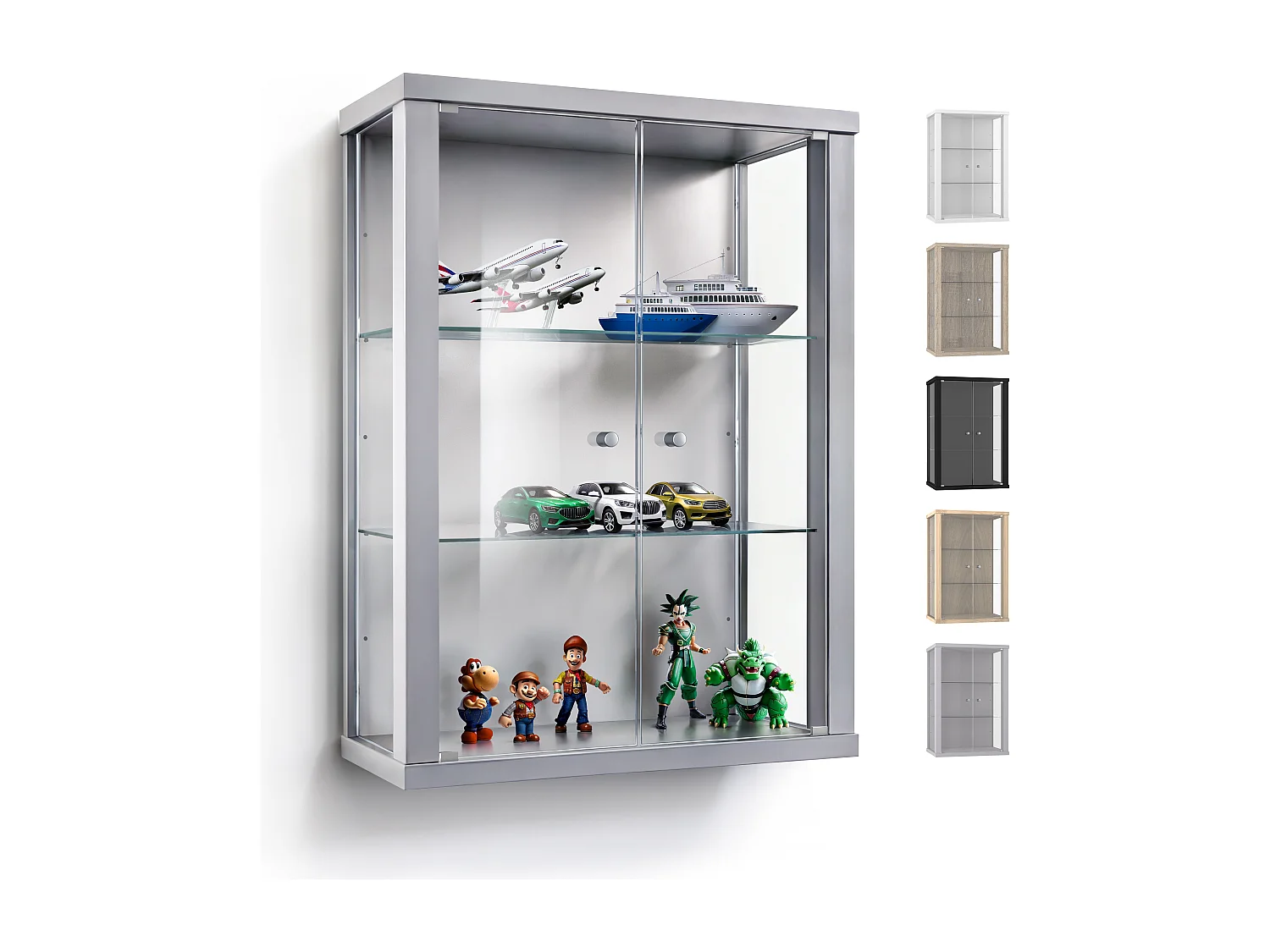 Vitrine suspendue avec 2 portes & 2 étagères en verre réglables en hauteur - 80x60x25 cm - Argenté